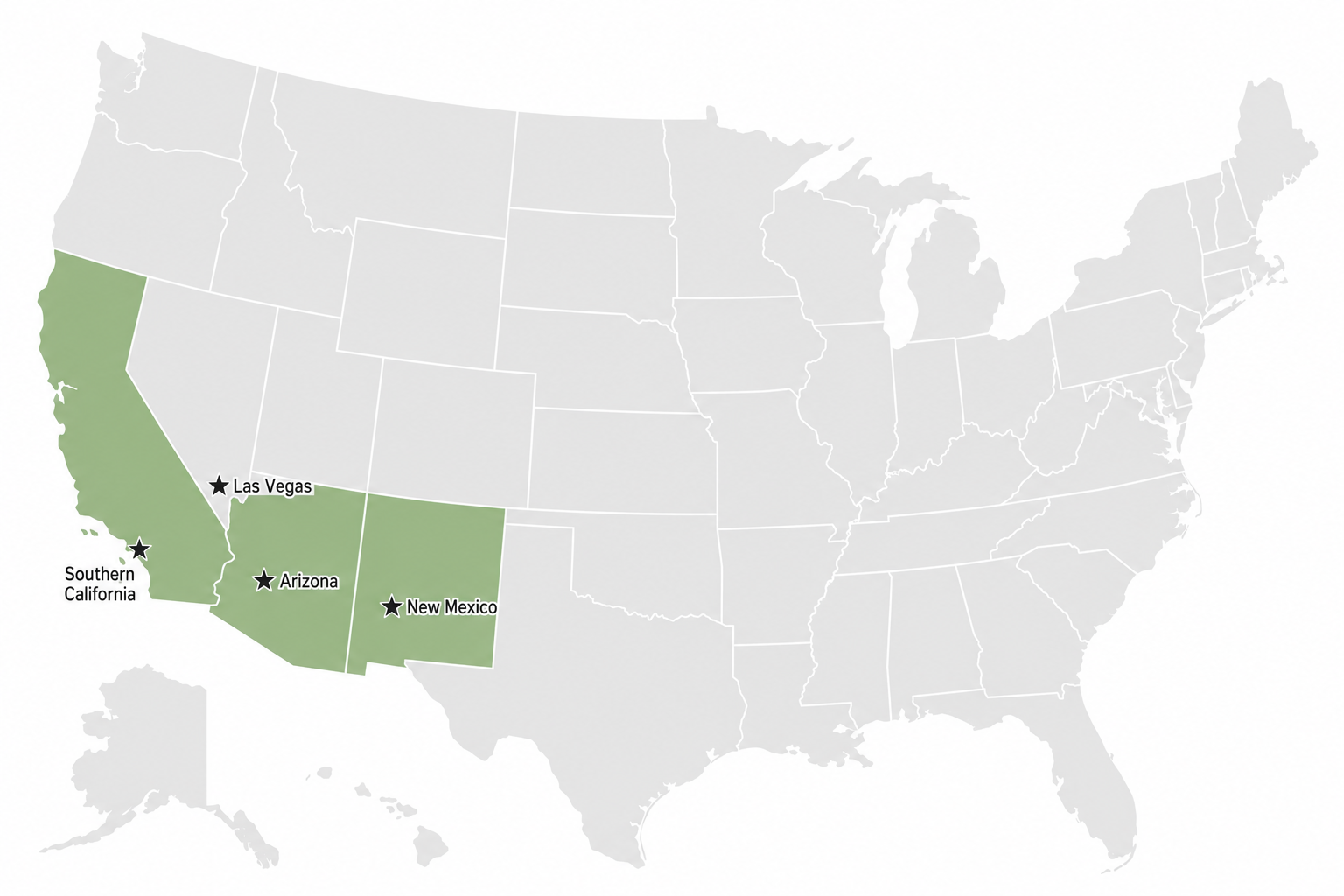 United States service area map highlighting Arizona, New Mexico, Southern California, and Las Vegas
